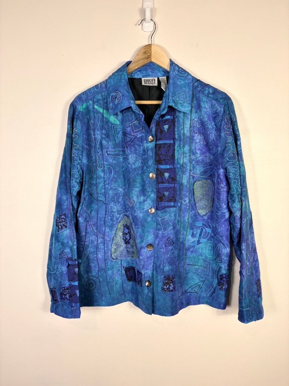 Chico's Kimono Embroidered Silk Asian Jacket Blue Colorful Vintage